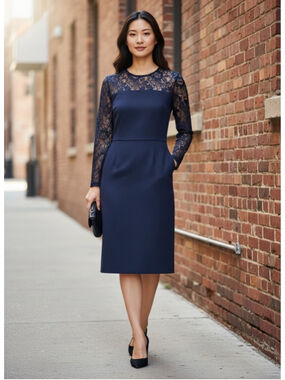 Trudy Lai Navy Lace Long Sleeve Sheath Dress with Pockets Size M (17” PTP)